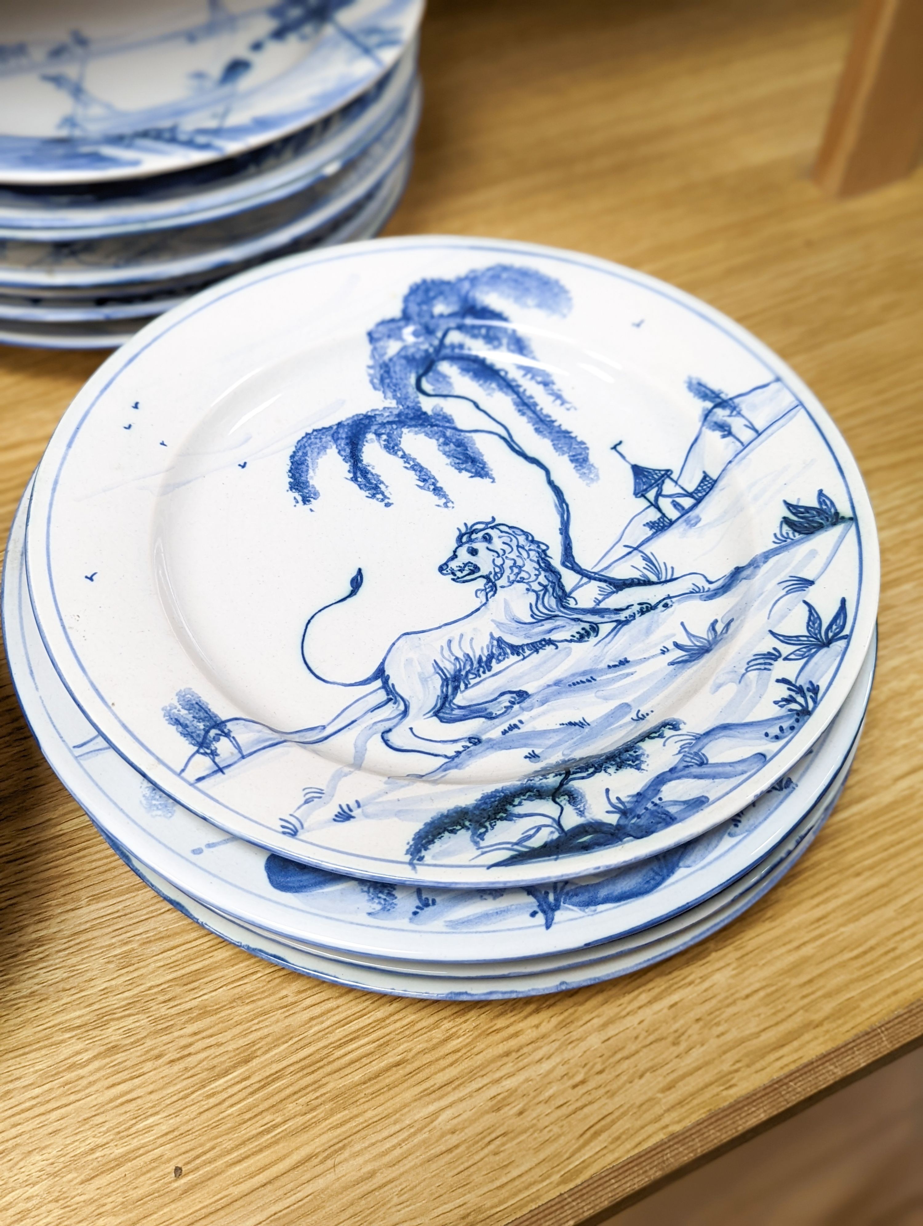 Isis pottery for Colefax and Fowler, a group of blue and white ceramics decorated in imitation of Bristol delftwares